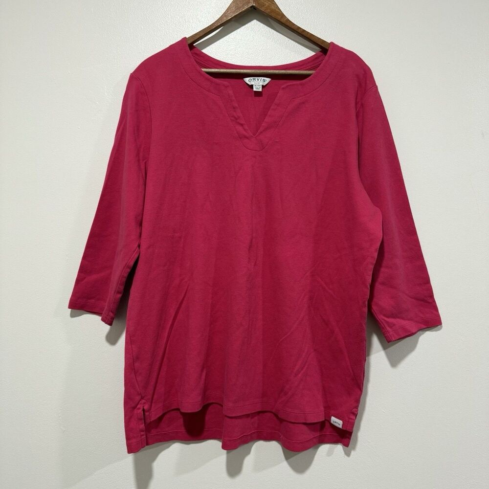 Orvis Pima Cotton Pink 3/4 Sleeve V-Neck Relaxed Tunic Top Casual Women Size XL